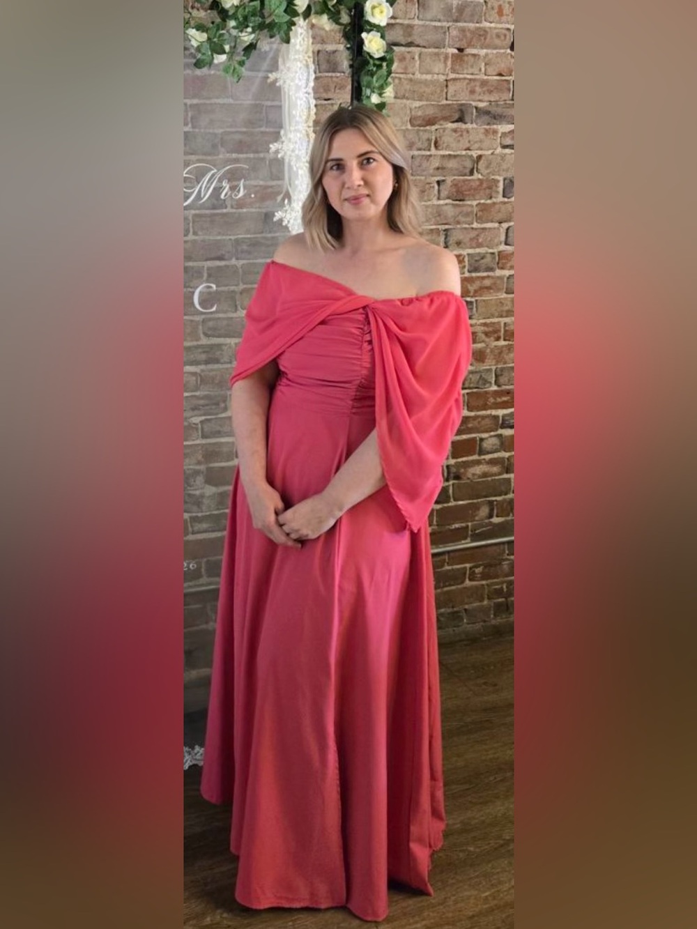 Strapless Ruched Pink Gown with Draped Shawl